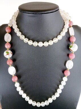 Rose Quartz, Frosted Glass, Cloisonné beaded necklace, with 10K Spacers